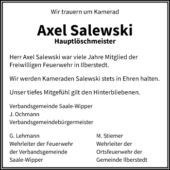 Traueranzeige von Axel Salewski von Super Sonntag Bernburg