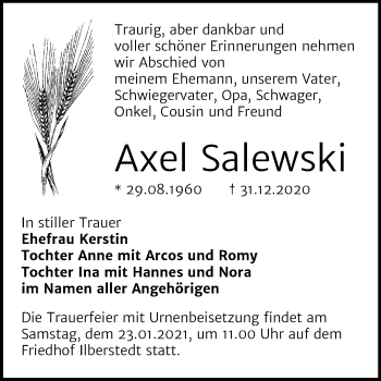 Traueranzeige von Axel Salewski von Super Sonntag Bernburg