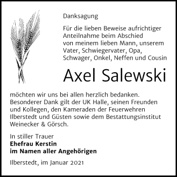Traueranzeige von Axel Salewski von Super Sonntag Bernburg