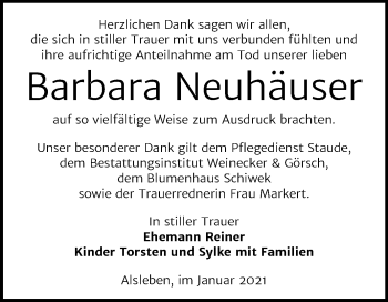 Traueranzeige von Barbara Neuhäuser von Mitteldeutsche Zeitung Bernburg