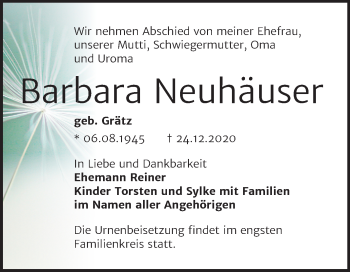 Traueranzeige von Barbara Neuhäuser von Super Sonntag Bernburg