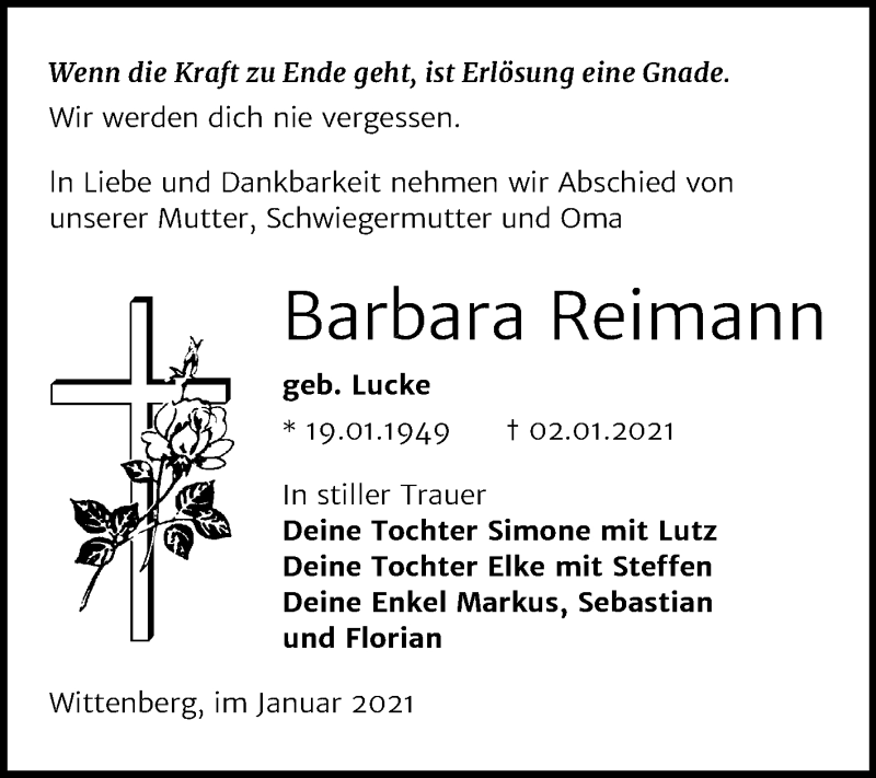  Traueranzeige für Barbara Reimann vom 09.01.2021 aus Mitteldeutsche Zeitung Wittenberg