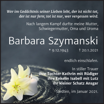 Traueranzeige von Barbara Szymanski von Mitteldeutsche Zeitung Mansfelder Land