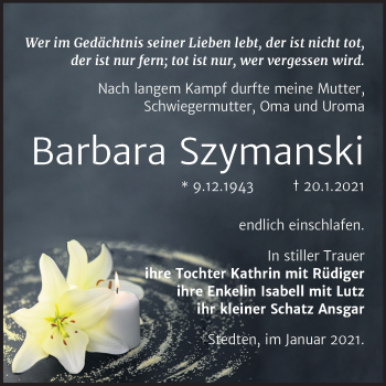 Traueranzeige von Barbara Szymanski von Super Sonntag Mansfelder Land
