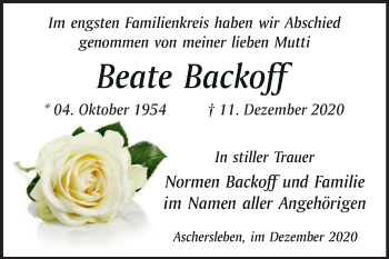 Traueranzeige von Beate Backoff von Super Sonntag Aschersleben