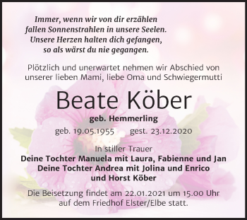 Traueranzeige von Beate Köber von Super Sonntag Wittenberg