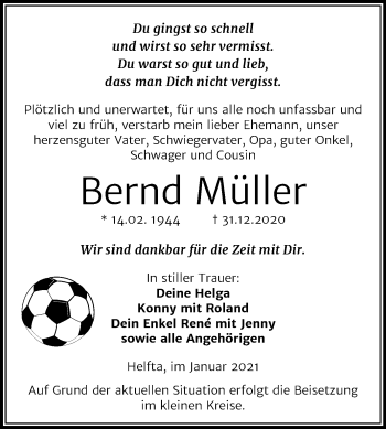 Traueranzeige von Bernd Müller von Super Sonntag Mansfelder Land