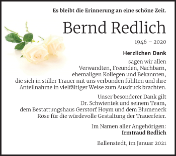 Traueranzeige von Bernd Redlich von Mitteldeutsche Zeitung Quedlinburg