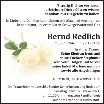 Traueranzeige von Bernd Redlich von Mitteldeutsche Zeitung Quedlinburg