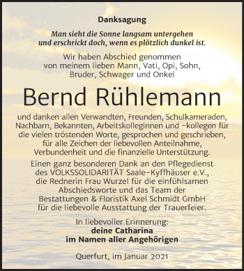 Traueranzeige von Bernd Rühlemann von Super Sonntag Merseburg/Querfurt