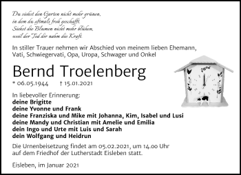 Traueranzeige von Bernd Troelenberg von Super Sonntag Mansfelder Land