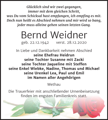 Traueranzeige von Bernd Weidner von Super Sonntag Naumburg/Nebra