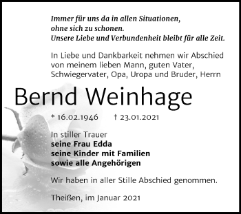 Traueranzeige von Bernd Weinhage von Super Sonntag Zeitz