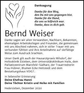 Traueranzeige von Bernd Weiser von Mitteldeutsche Zeitung Mansfelder Land