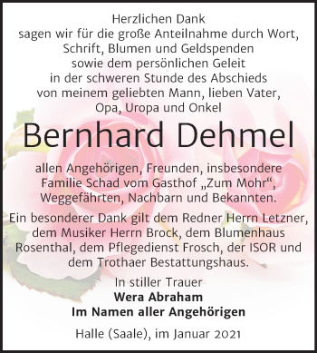 Traueranzeige von Bernhard Dehmel von Mitteldeutsche Zeitung Halle/Saalkreis