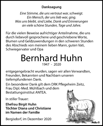 Traueranzeige von Bernhard Huhn von Super Sonntag Zeitz