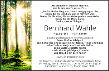 Traueranzeige von Bernhard Wahle von Super Sonntag Aschersleben