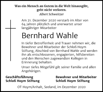 Traueranzeige von Bernhard Wahle von Super Sonntag Aschersleben