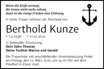 Traueranzeige von Berthold Kunze von Super Sonntag Wittenberg