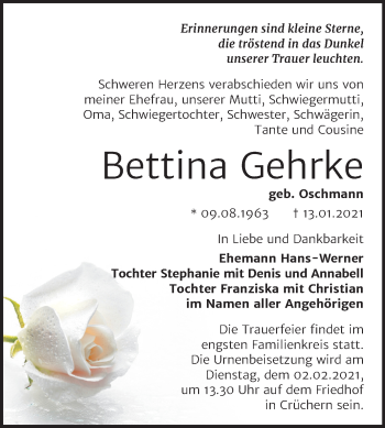 Traueranzeige von Bettina Gehrke von Mitteldeutsche Zeitung Bernburg
