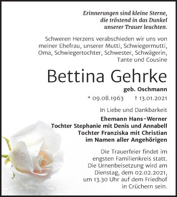 Traueranzeige von Bettina Gehrke von Super Sonntag Bernburg