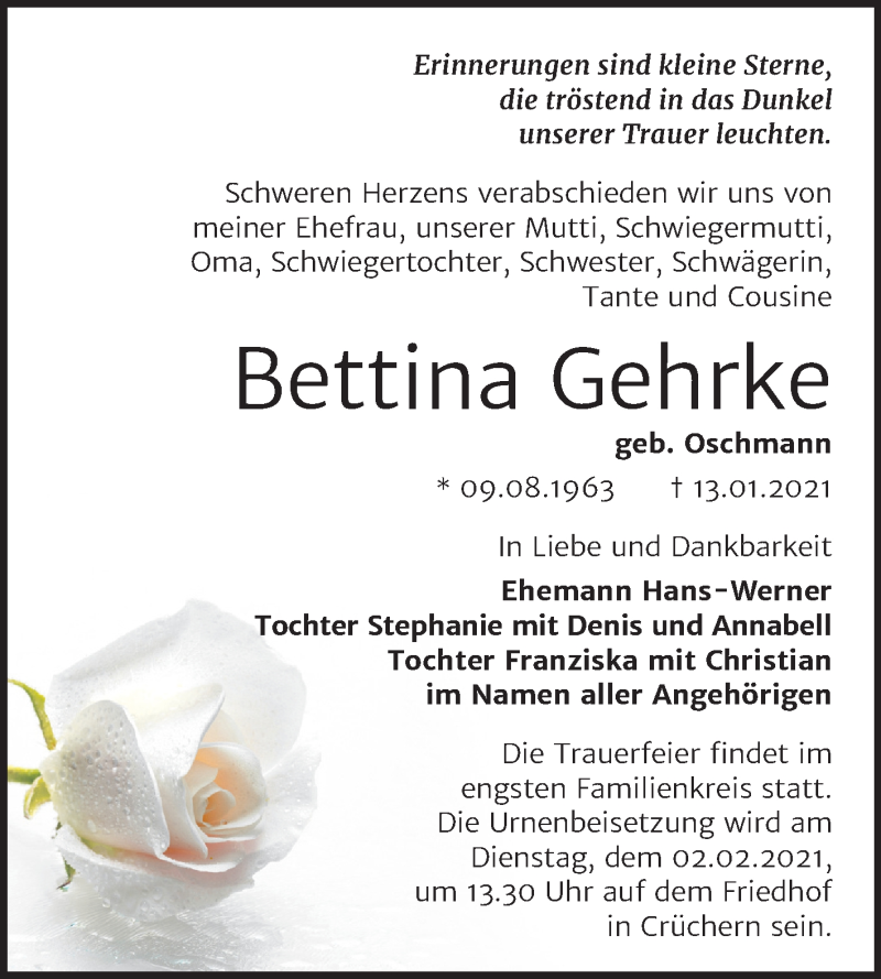  Traueranzeige für Bettina Gehrke vom 23.01.2021 aus Super Sonntag Bernburg