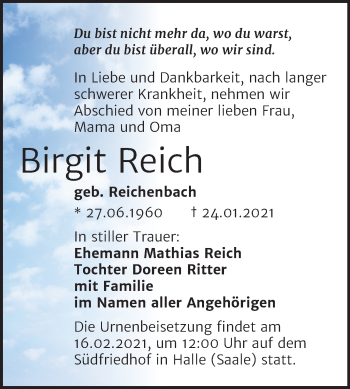 Traueranzeige von Birgit Reich von Mitteldeutsche Zeitung Halle/Saalkreis