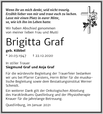 Traueranzeige von Brigitta Graf von Super Sonntag Quedlinburg