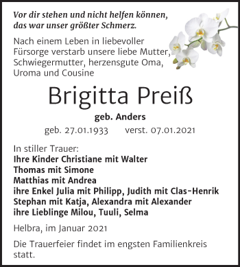 Traueranzeige von Brigitta Preiß von Super Sonntag Mansfelder Land