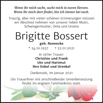 Traueranzeige von Brigitte Bossert von Mitteldeutsche Zeitung Quedlinburg