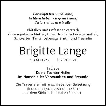 Traueranzeige von Brigitte Lange von Mitteldeutsche Zeitung Halle/Saalkreis