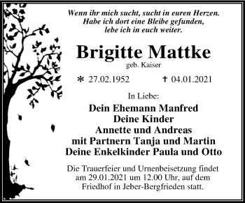 Traueranzeige von Brigitte Mattke von Super Sonntag Wittenberg