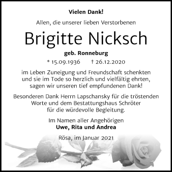Traueranzeige von Brigitte Nicksch von Mitteldeutsche Zeitung Bitterfeld