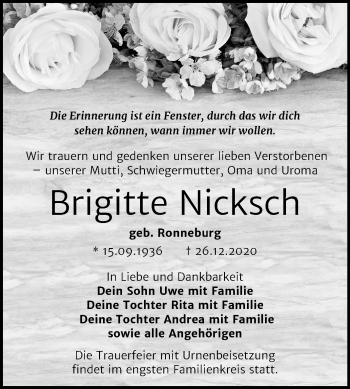 Traueranzeige von Brigitte Nicksch von Mitteldeutsche Zeitung Bitterfeld