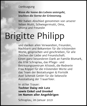 Traueranzeige von Brigitte Philipp von Mitteldeutsche Zeitung Merseburg/Querfurt
