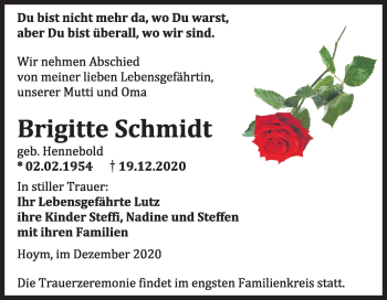 Traueranzeige von Brigitte Schmidt von Mitteldeutsche Zeitung Aschersleben