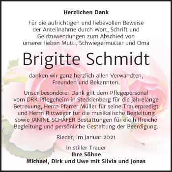 Traueranzeige von Brigitte Schmidt von Super Sonntag Quedlinburg