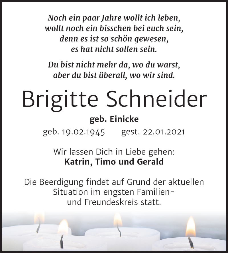  Traueranzeige für Brigitte Schneider vom 27.01.2021 aus Mitteldeutsche Zeitung Sangerhausen