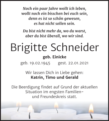 Traueranzeige von Brigitte Schneider von Super Sonntag Sangerhausen
