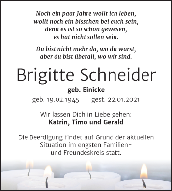 Traueranzeige von Brigitte Schneider von Mitteldeutsche Zeitung Sangerhausen