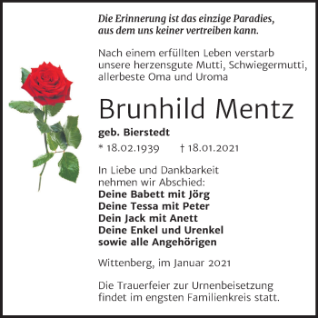 Traueranzeige von Brunhild Mentz von Mitteldeutsche Zeitung Wittenberg