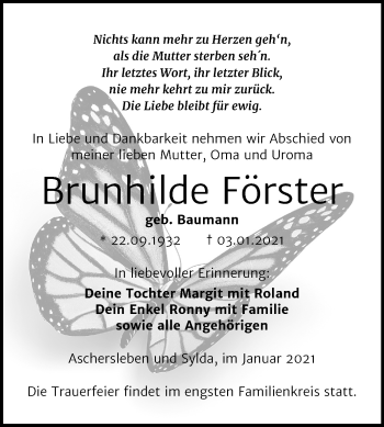 Traueranzeige von Brunhilde Förster von Mitteldeutsche Zeitung Aschersleben