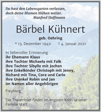 Traueranzeige von Bärbel Kühnert von Mitteldeutsche Zeitung Naumburg/Nebra