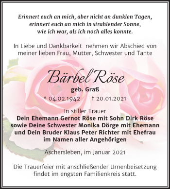 Traueranzeige von Bärbel Röse von Super Sonntag Aschersleben