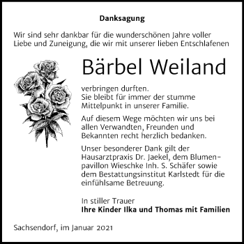 Traueranzeige von Bärbel Weiland von Super Sonntag Bernburg