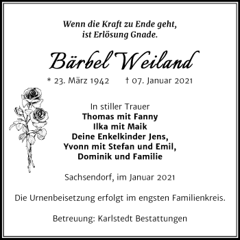 Traueranzeige von Bärbel Weiland von Mitteldeutsche Zeitung Bernburg
