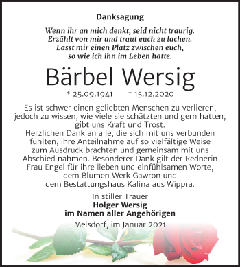 Traueranzeige von Bärbel Wersig von Super Sonntag Quedlinburg