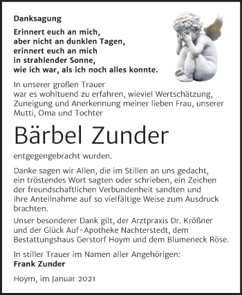 Traueranzeige von Bärbel Zunder von Mitteldeutsche Zeitung Aschersleben