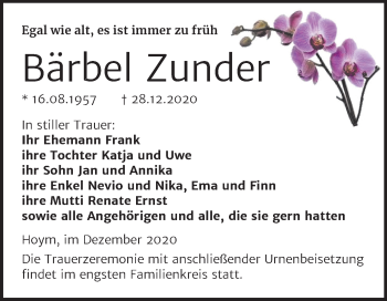 Traueranzeige von Bärbel Zunder von Mitteldeutsche Zeitung Aschersleben