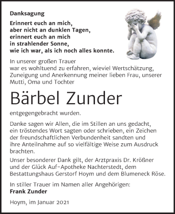 Traueranzeige von Bärbel Zunder von Super Sonntag Aschersleben